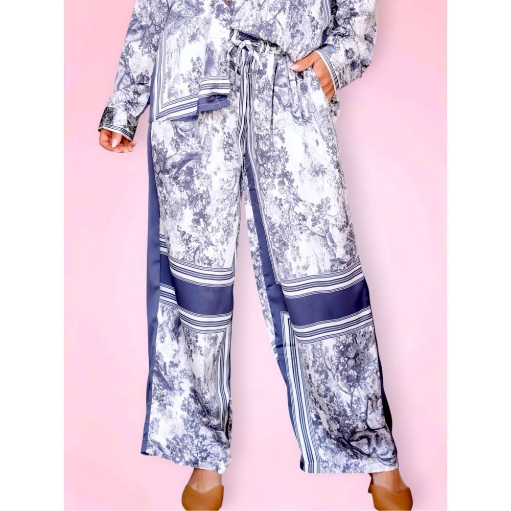 POL Wide Leg Toile Print Pants Navy Ivory Boho Drawstring Palazzo Pants Large - Picture 8 of 9